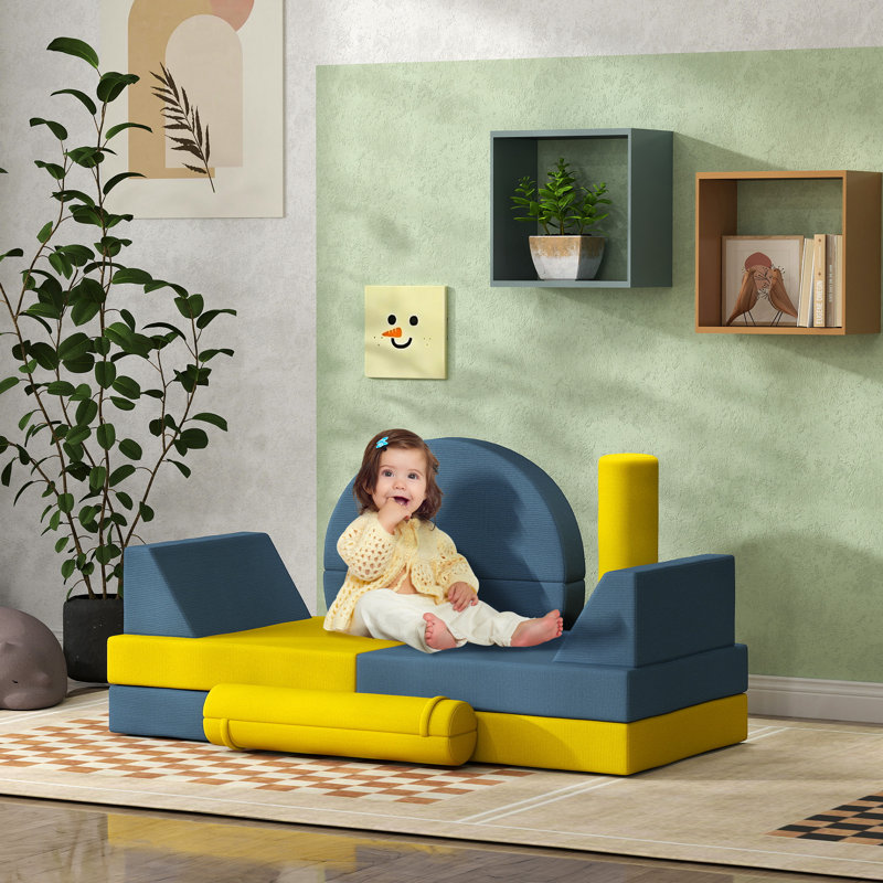 Modular Kids Play Couch 14 Pcs Kids Couch Child Sectional Sofa for Playing Creativing Sleeping Convertible Foam and Floor Cushions Yellow